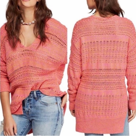 Free people hot tropics pullover sweater open knit oversized spring orange XS - Picture 2 of 8